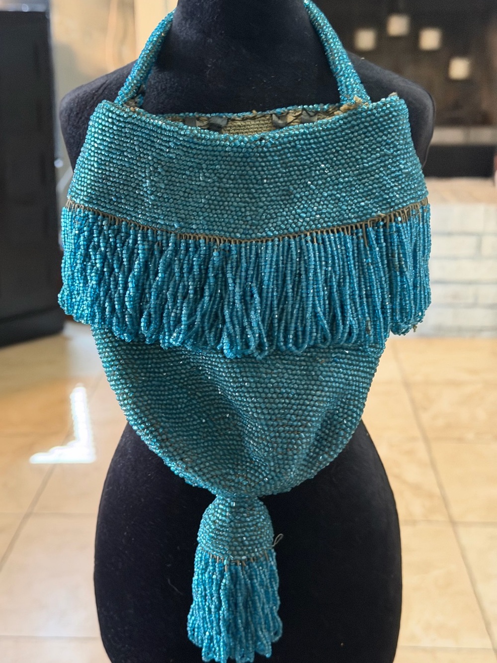 Vintage Teal Blue Beaded Evening Purse with Fringe & Tassel 1920’s Flapper Pouch